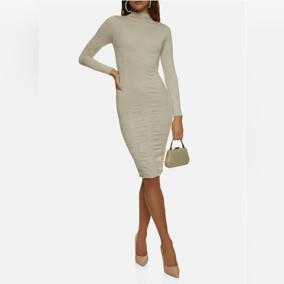 RUCHED CAPPED NECK LONG SLEEVE MIDI DRESS - Picture 5 of 13